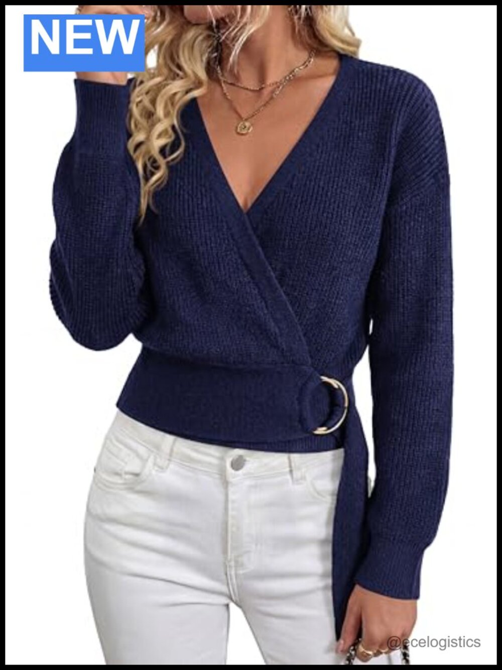 Long Sleeve Wrap V Neck Belted Knit Sweater Women Fall Winter - Picture 1 of 6